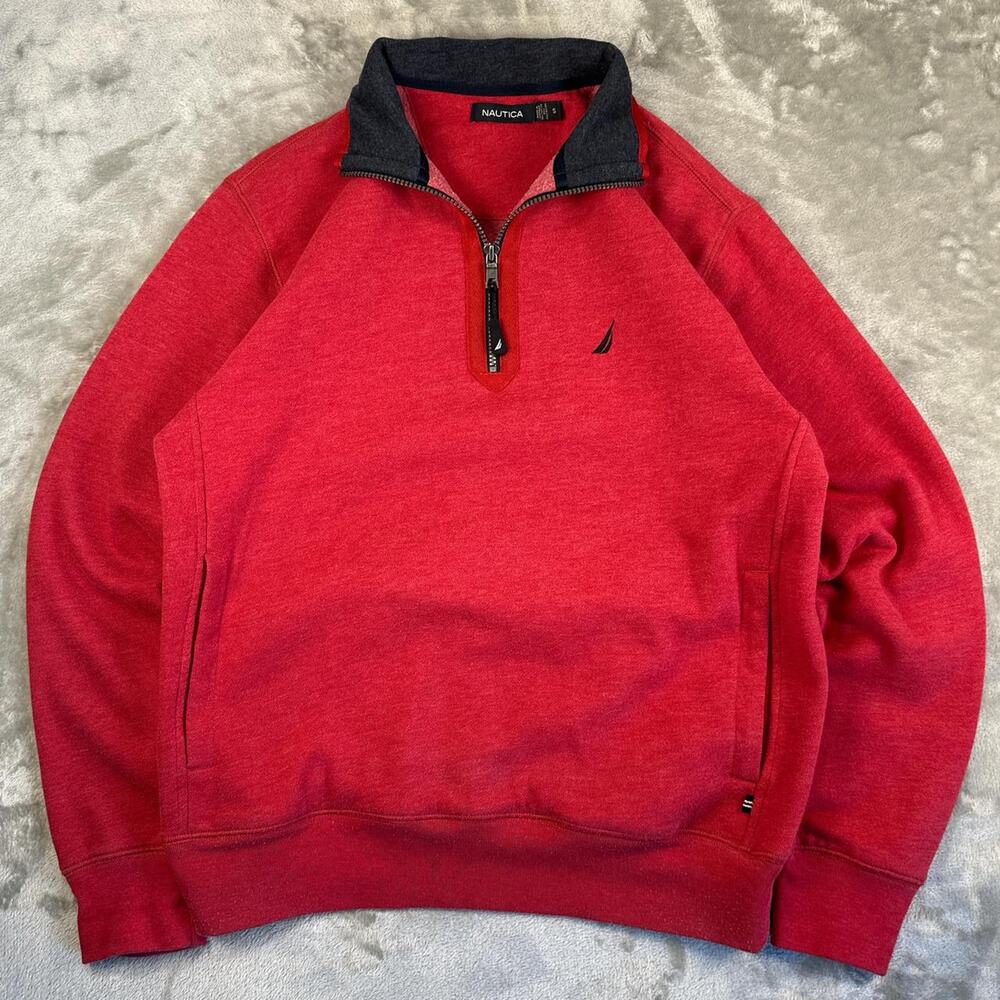 Men's Nautica Red 1/4 Zip Fleece Pullover, Blue Trim & Embroidered Logo, Small